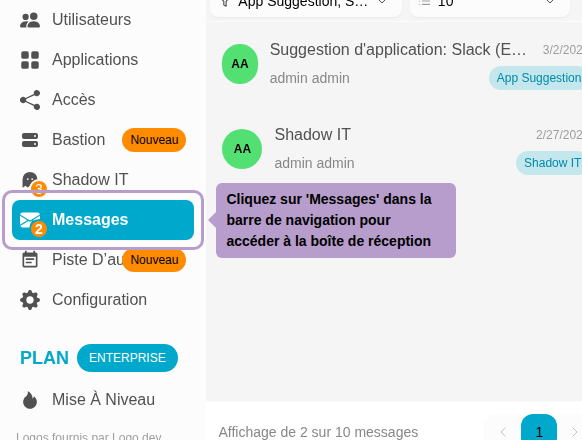 Cliquez sur 'Messages' dans la barre de navigation pour accéder à la boîte de réception