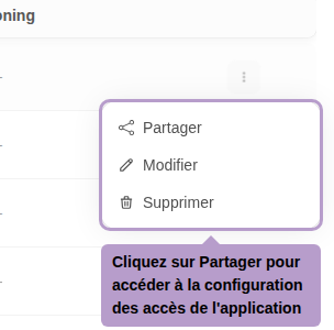 Cliquez sur Partager pour accéder à la configuration des accès de l'application
