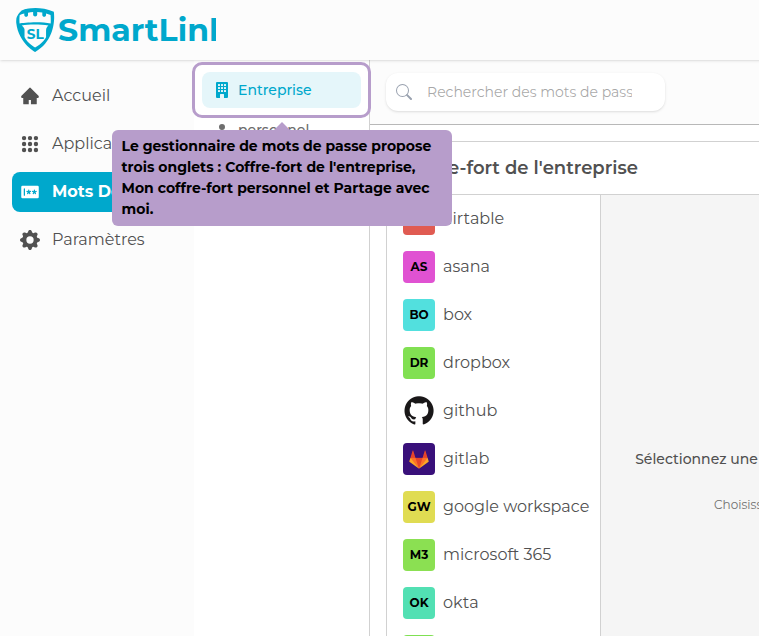 Le gestionnaire de mots de passe propose trois onglets : Coffre-fort de l'entreprise, Mon coffre-fort personnel et Partage avec moi.