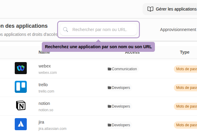 Recherchez une application par son nom ou son URL