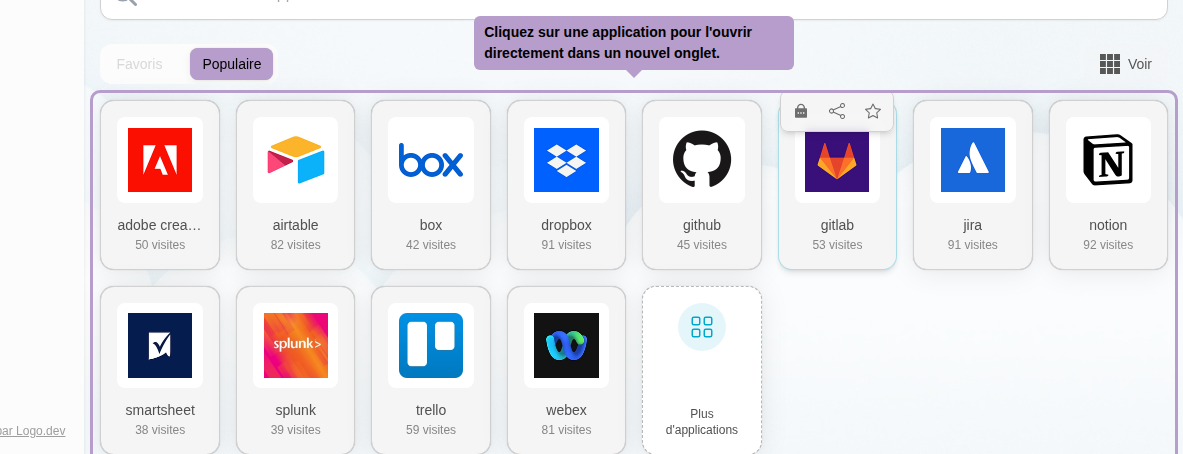 Cliquez sur une application pour l'ouvrir directement dans un nouvel onglet.