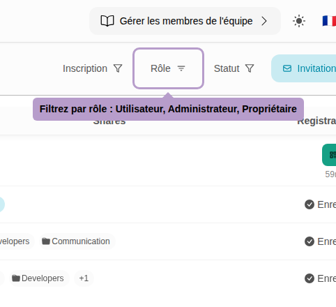 Filtrez par rôle : Utilisateur, Administrateur, Propriétaire