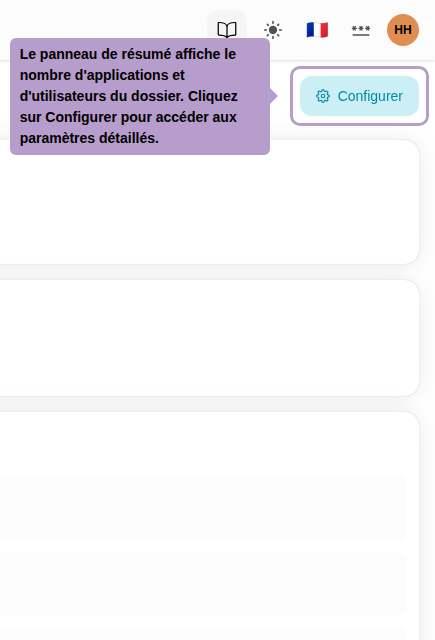 Le panneau de résumé affiche le nombre d'applications et d'utilisateurs du dossier. Cliquez sur Configurer pour accéder aux paramètres détaillés.