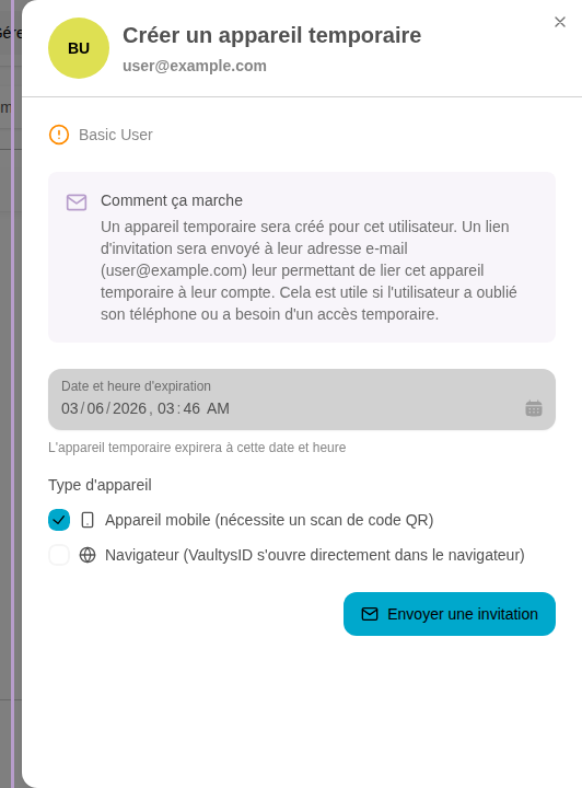 Le panneau de création du VaultysID temporaire s'ouvre