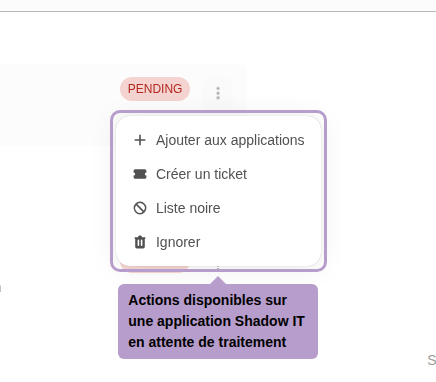 Actions disponibles sur une application Shadow IT en attente de traitement