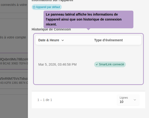 Le panneau latéral affiche les informations de l'appareil ainsi que son historique de connexion récent.