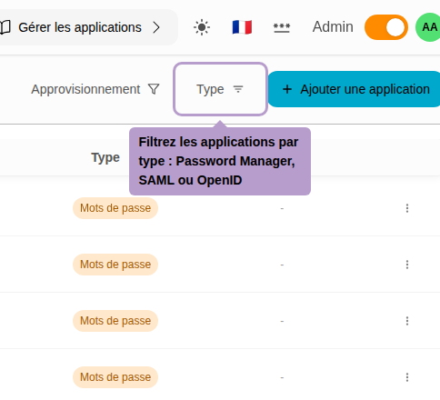 Filtrez les applications par type : Password Manager, SAML ou OpenID