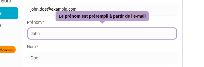 Le prénom est prérempli à partir de l'e-mail