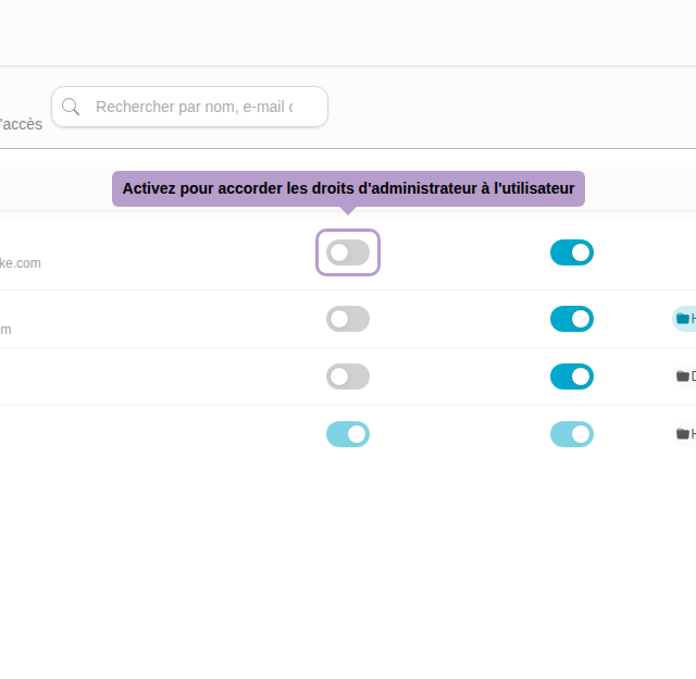 Activez pour accorder les droits d'administrateur à l'utilisateur