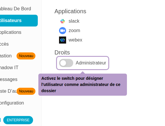 Activez le switch pour désigner l'utilisateur comme administrateur de ce dossier