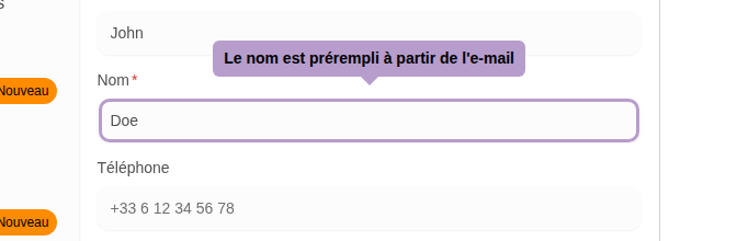 Le nom est prérempli à partir de l'e-mail