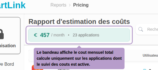Le bandeau affiche le cout mensuel total calcule uniquement sur les applications dont le suivi des couts est active.