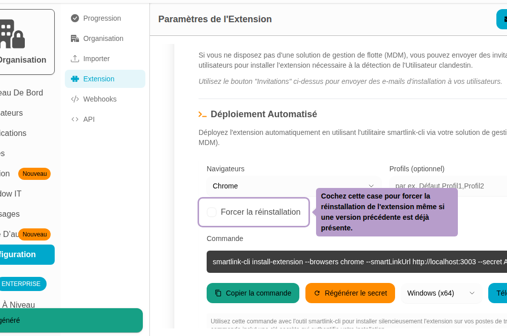 Cochez cette case pour forcer la réinstallation de l'extension même si une version précédente est déjà présente.