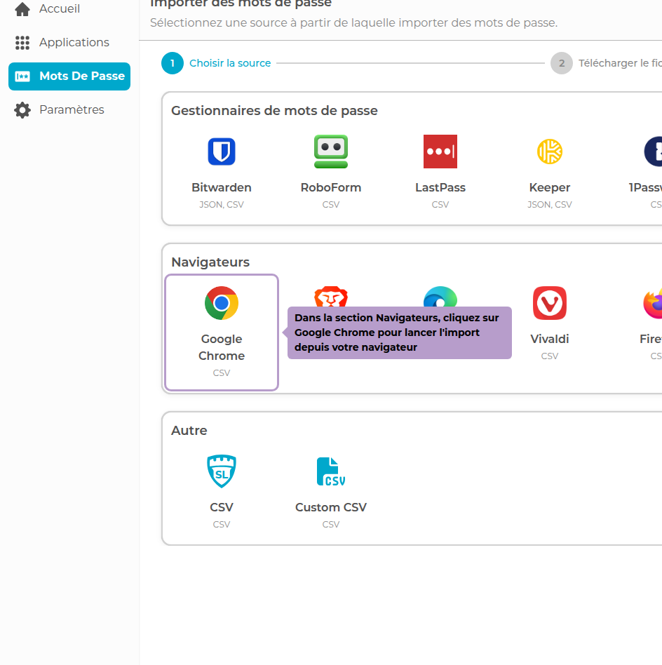 In der Browserauswahl auf Google Chrome klicken, um den Import aus Ihrem Browser zu starten
