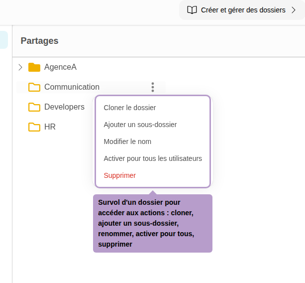 Bewegen Sie den Mauszeiger über einen Ordner, um auf Aktionen zuzugreifen: klonen, Unterordner hinzufügen, umbenennen, für alle aktivieren, löschen