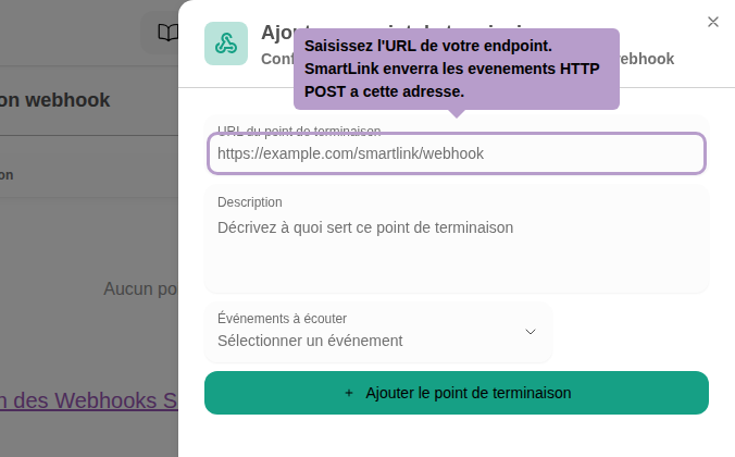 Geben Sie die URL Ihres Endpunkts ein. SmartLink sendet die Ereignisse per HTTP POST an diese Adresse.