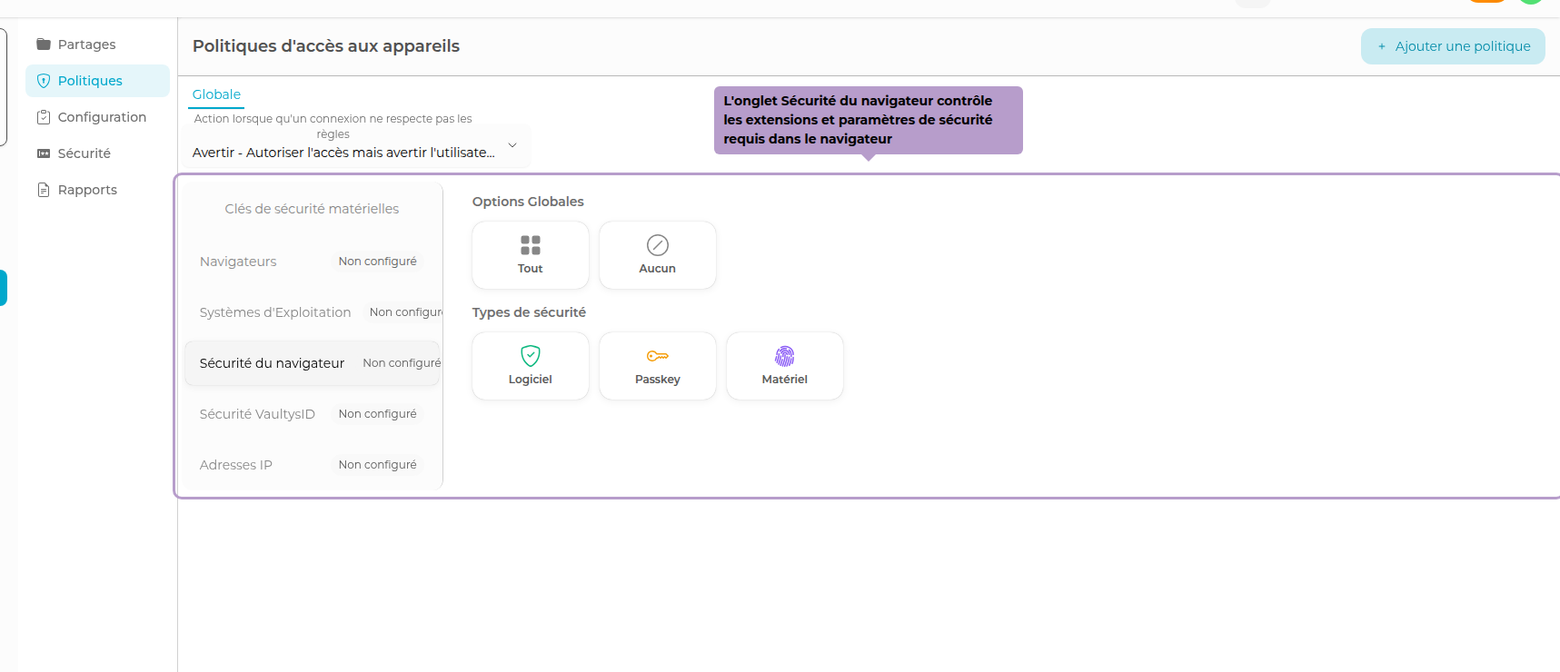 Der Browser-Sicherheits-Tab steuert die erforderlichen Browsererweiterungen und Sicherheitseinstellungen im Browser