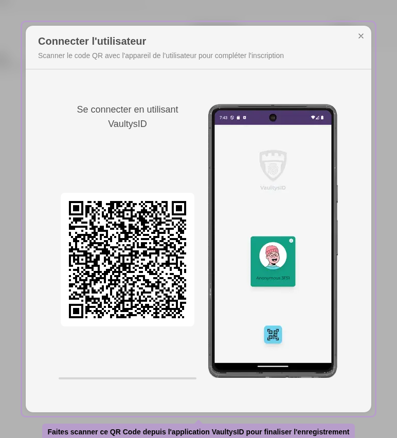 Lassen Sie diesen QR-Code von der VaultysID-App scannen, um die Registrierung abzuschließen