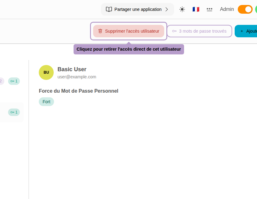 Klicken Sie hier, um den direkten Zugriff dieses Benutzers zu entfernen