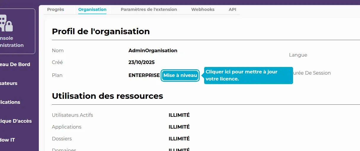 Organisations-Upgrade-Schaltfläche