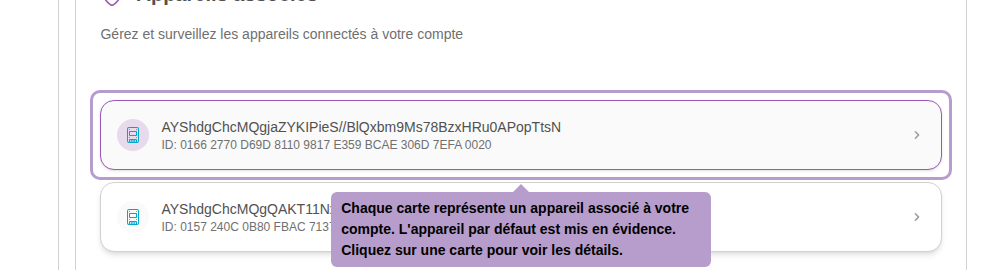 Each card represents a device associated with your account. The default device is highlighted. Click on a card to view details.
