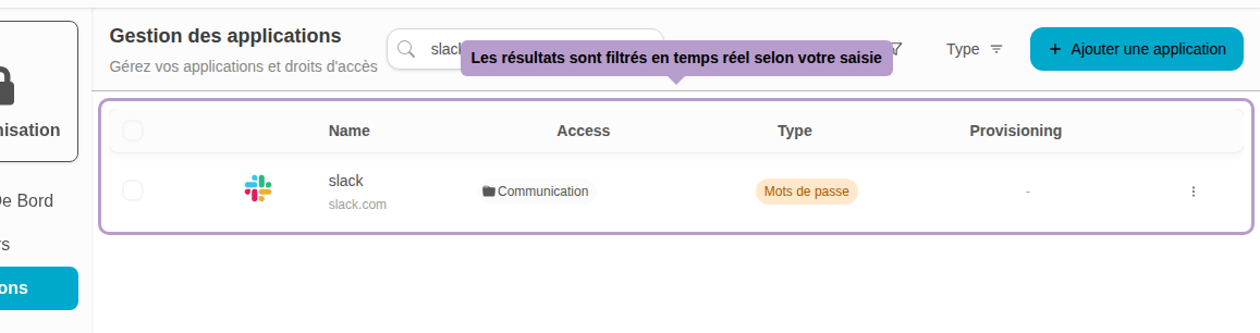 Results are filtered in real-time based on your input