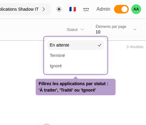 Filter applications by status: 'Pending', 'Done', or 'Ignored'