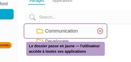 The folder turns yellow — the user has access to all its applications