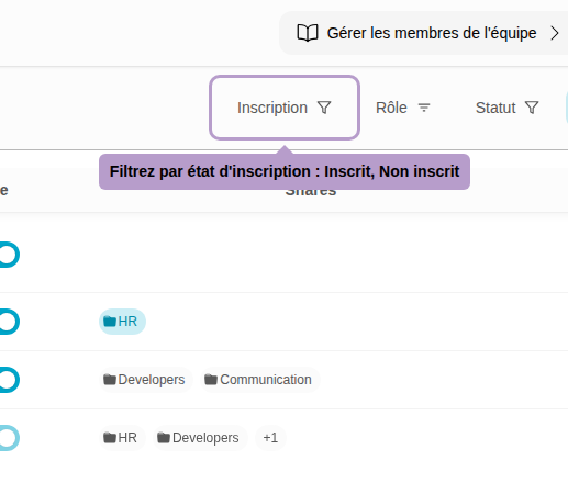 Filter by registration status: Registered, Not registered