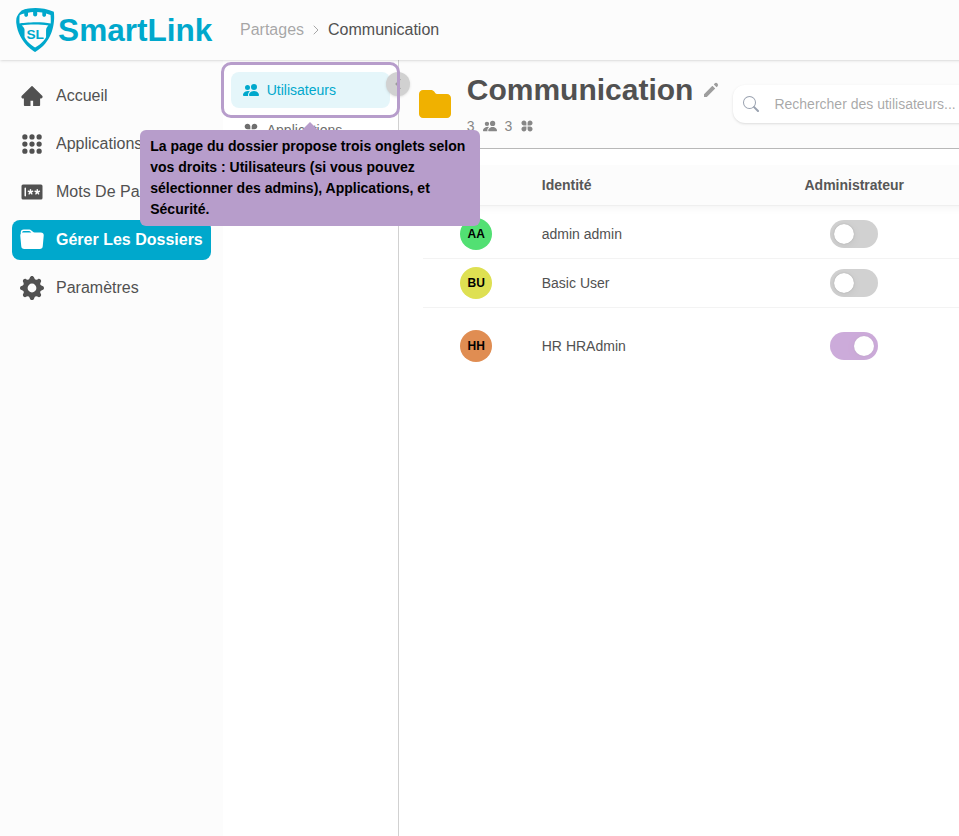 The folder page offers three tabs depending on your rights: Users (if you can select admins), Applications, and Security.