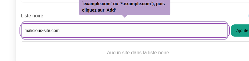 Enter a domain to blacklist (e.g., example.com or *.example.com), then click 'Add'