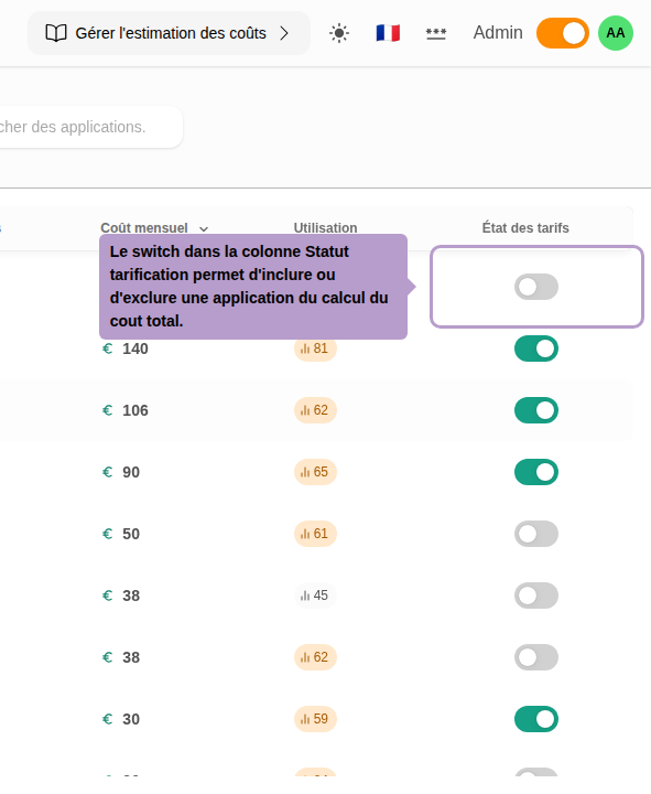 The toggle switch in the Pricing Status column allows you to include or exclude an application from the total cost calculation.