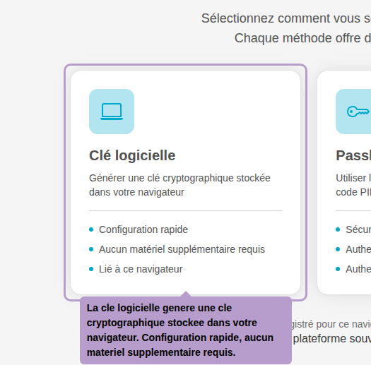 The software key generates a cryptographic key stored in your browser. Quick setup, no additional hardware required.