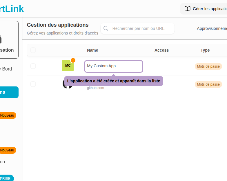 The application has been created and appears in the list