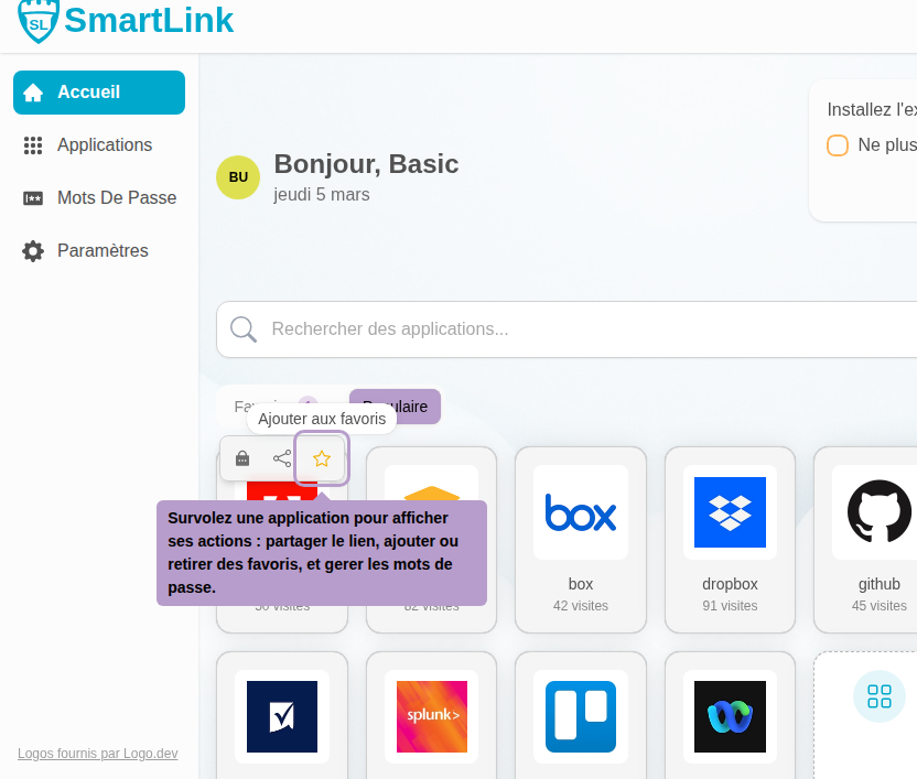 Hover over an application to display its actions: share the link, add or remove from favorites, and manage passwords.