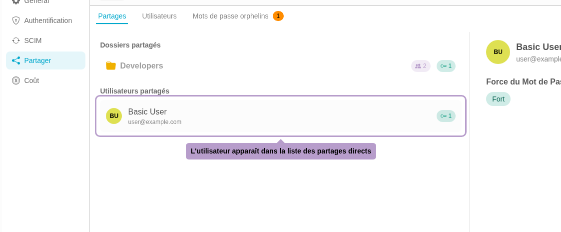 The user appears in the list of direct shares