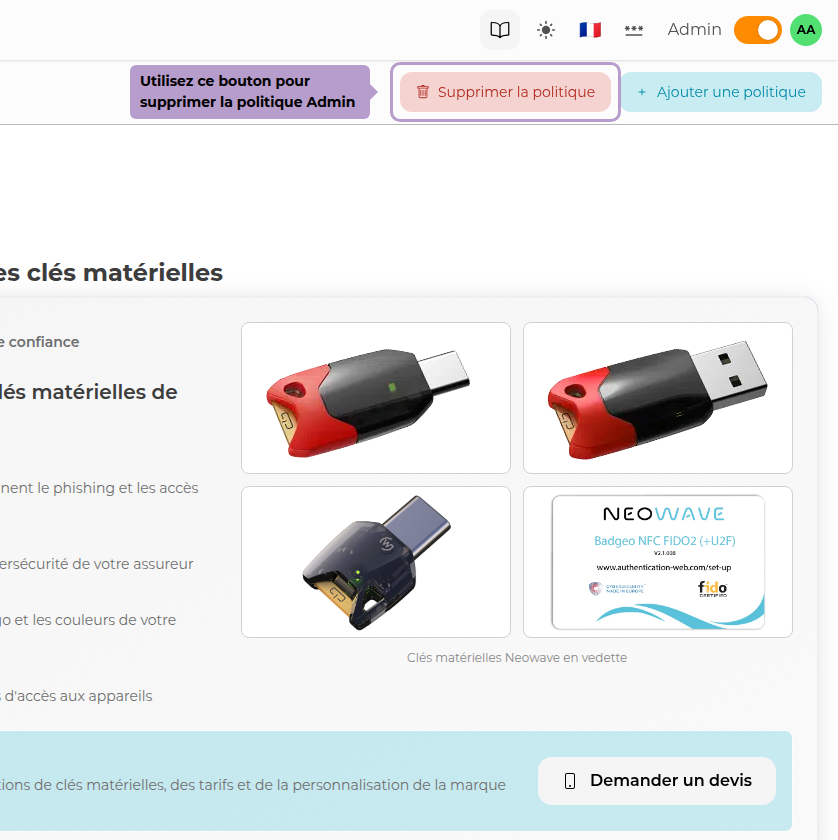 Use this button to delete the Admin Policy