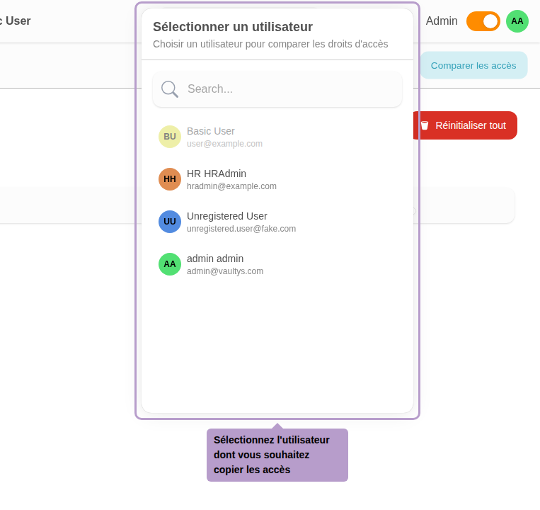 Select the user whose access configuration you want to copy