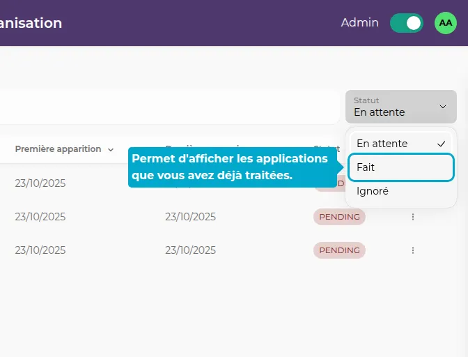 Filter for processed applications