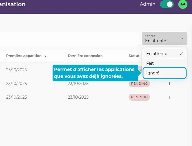 Filter for ignored applications