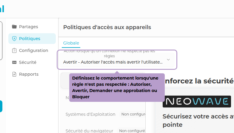 定义违反规则时的行为：允许、警告、请求批准或阻止