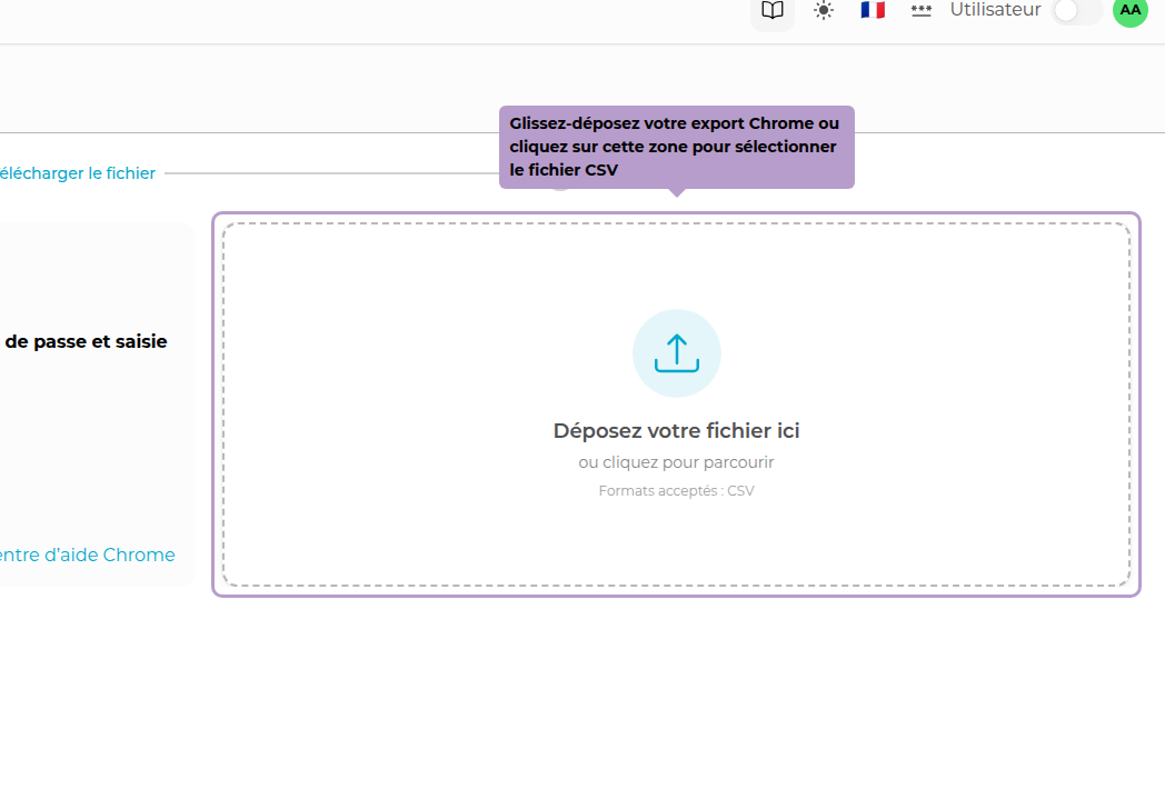 拖放您的Chrome导出文件或单击此区域以选择CSV文件