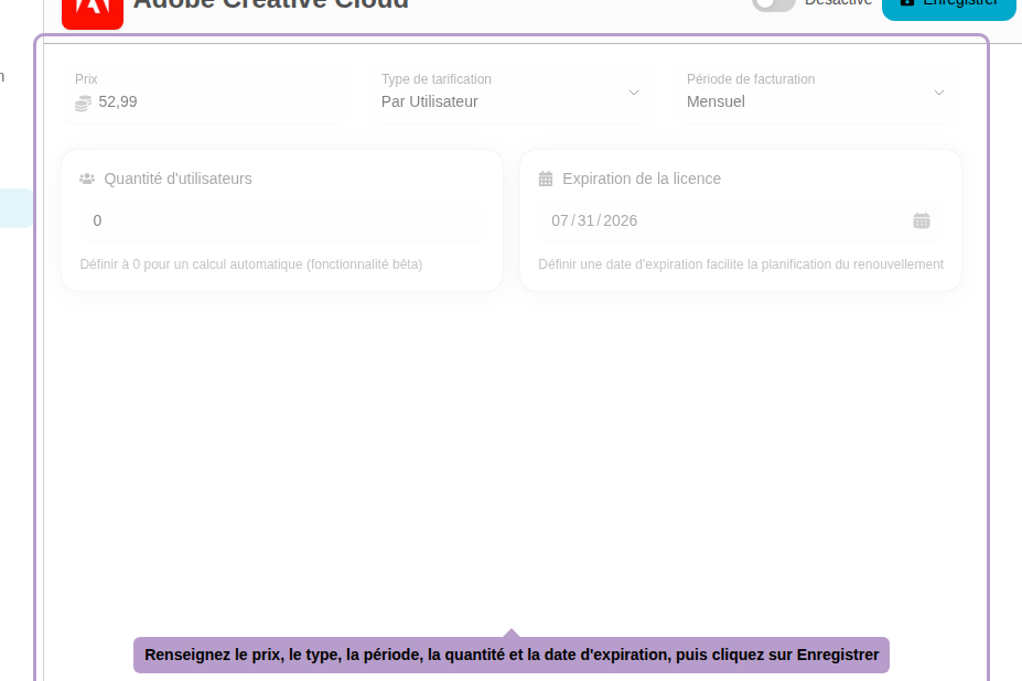 填写价格、类型、周期、数量和到期日期，然后单击保存