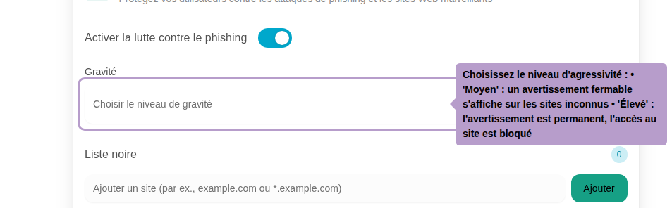 选择严重性级别：
• '中等'：在未知网站上打开登录表单时，用户会看到一个可关闭的警告
• '高'：警告是永久性的，用户无法关闭并因此无法登录到未知网站