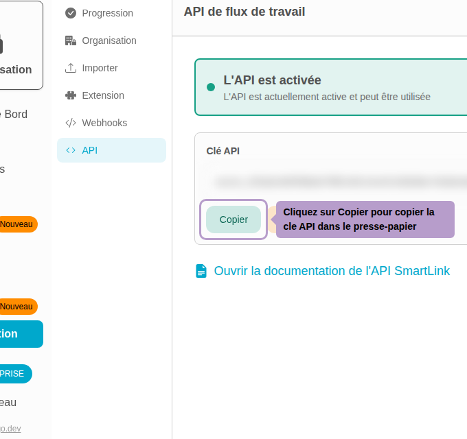 单击复制以将API密钥复制到剪贴板