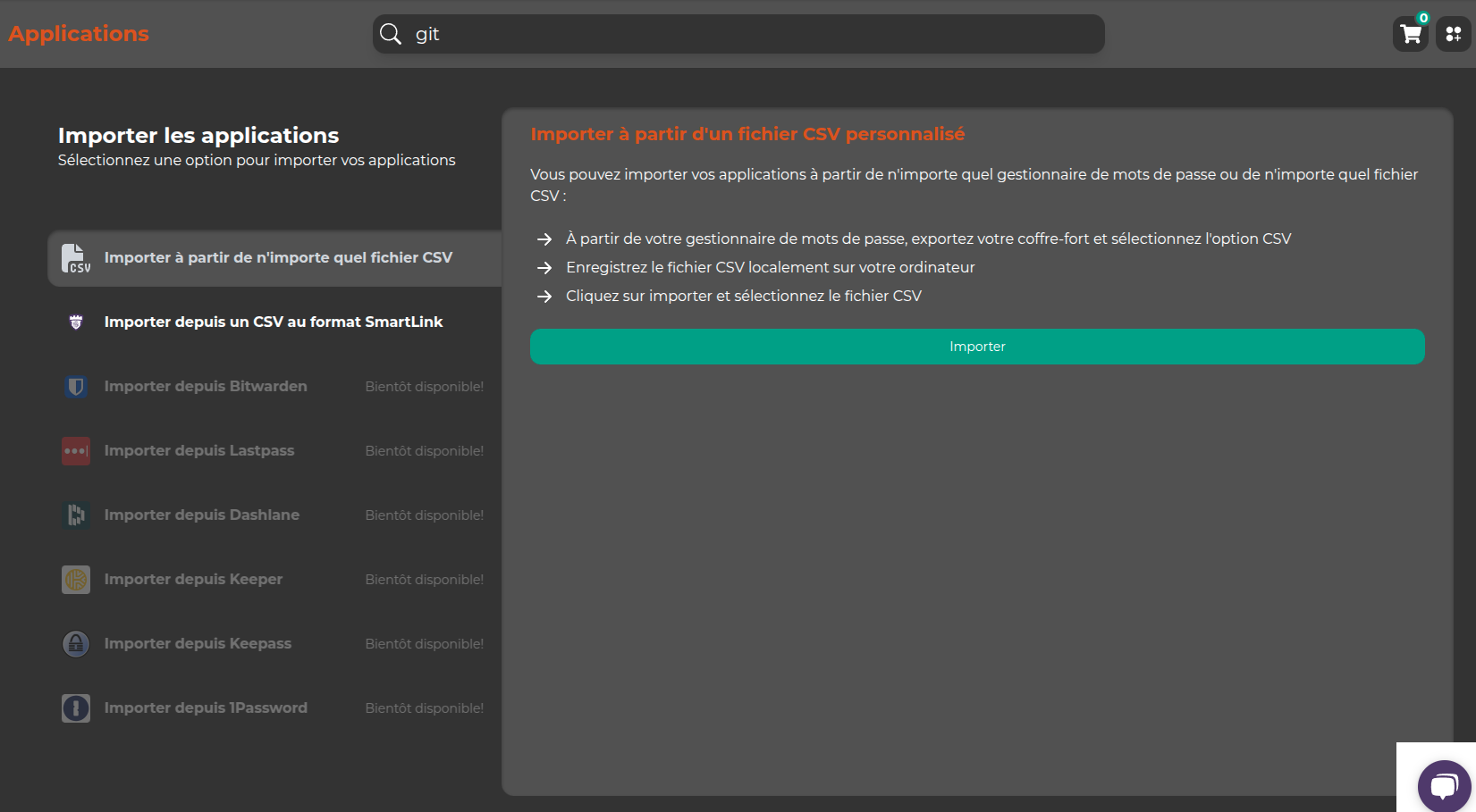 Importation d&#39;applications