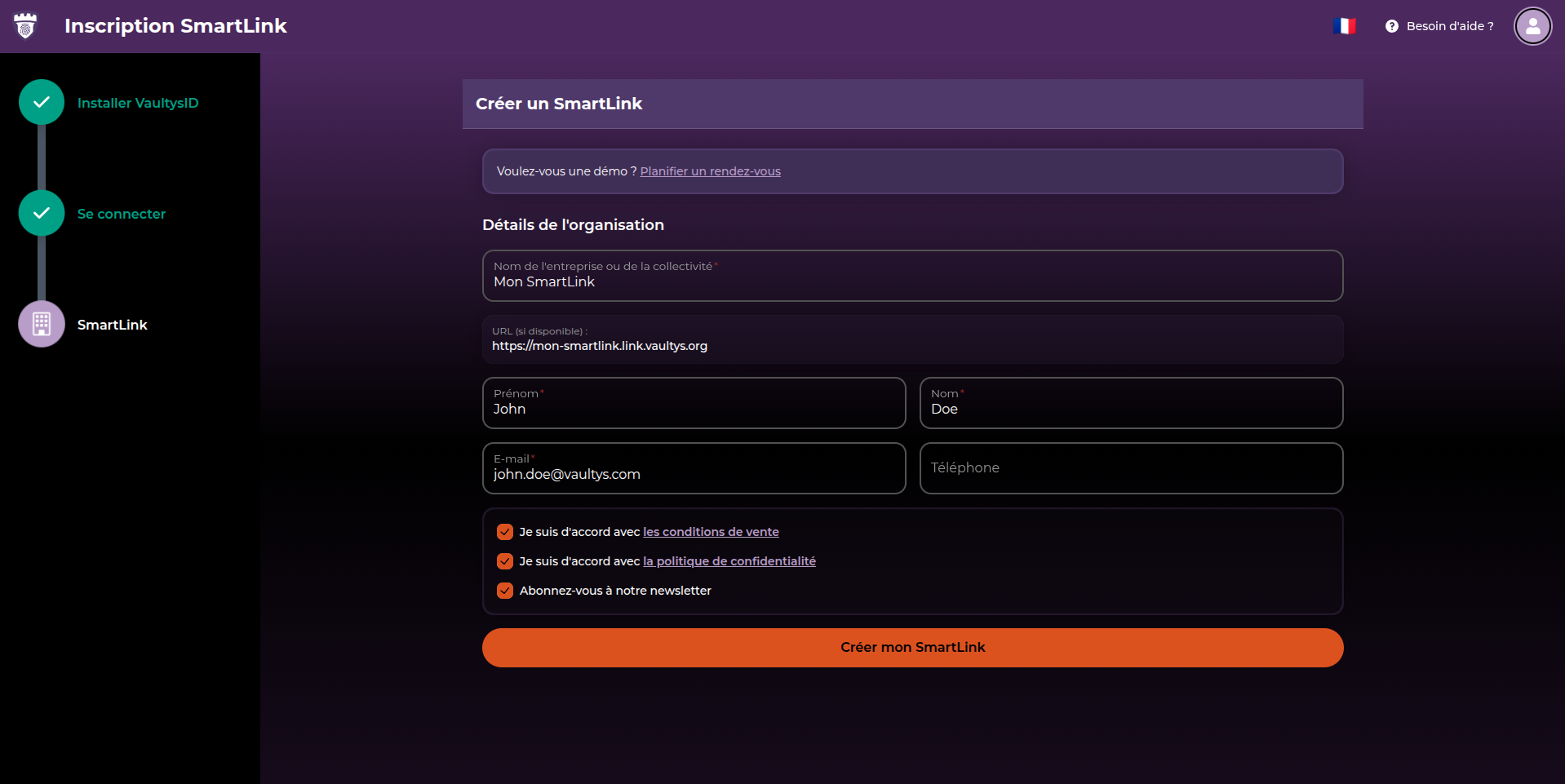Formulaire de création de SmartLink